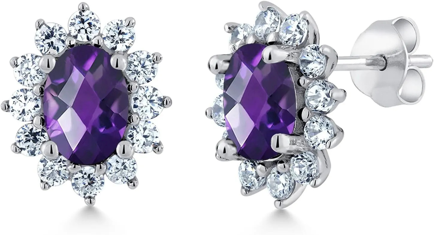 Gem Stone King 7X5MM Oval Gemstone Birthstone Stud Earrings For Women | Princess Diana Royal Halo Style | 925 Sterling Silver | Fine Jewelry Gifts for Anniversary Wedding Her Mom Women Wife