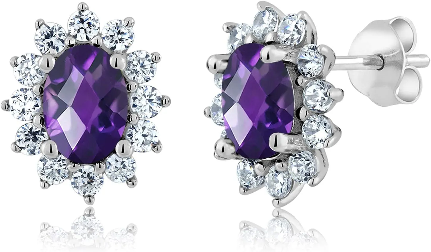 Gem Stone King 7X5MM Oval Gemstone Birthstone Stud Earrings For Women | Princess Diana Royal Halo Style | 925 Sterling Silver | Fine Jewelry Gifts for Anniversary Wedding Her Mom Women Wife