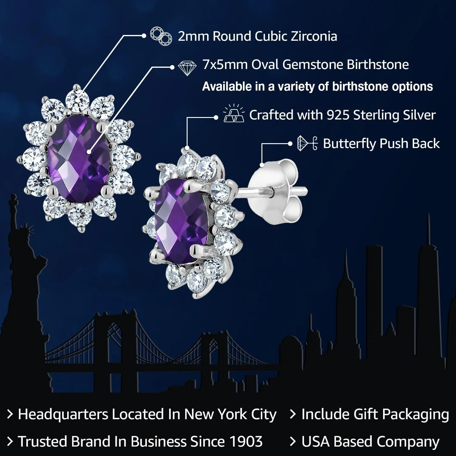 Gem Stone King 7X5MM Oval Gemstone Birthstone Stud Earrings For Women | Princess Diana Royal Halo Style | 925 Sterling Silver | Fine Jewelry Gifts for Anniversary Wedding Her Mom Women Wife