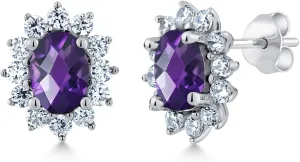 Gem Stone King 7X5MM Oval Gemstone Birthstone Stud Earrings For Women | Princess Diana Royal Halo Style | 925 Sterling Silver | Fine Jewelry Gifts for Anniversary Wedding Her Mom Women Wife