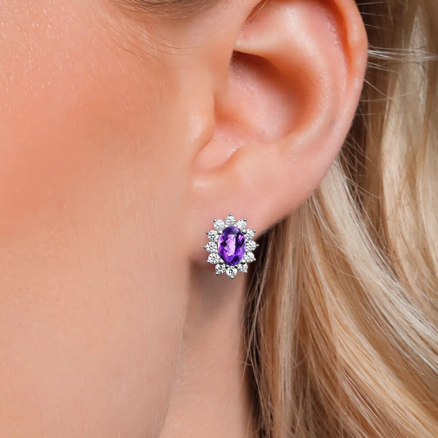 Gem Stone King 7X5MM Oval Gemstone Birthstone Stud Earrings For Women | Princess Diana Royal Halo Style | 925 Sterling Silver | Fine Jewelry Gifts for Anniversary Wedding Her Mom Women Wife
