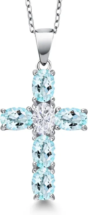 Gem Stone King 925 Sterling Silver Sky Blue Topaz and White Moissanite Cross Pendant Necklace for Women | 3.00 Cttw | Gemstone November Birthstone | Oval 6X4MM | With 18 Inch Chain