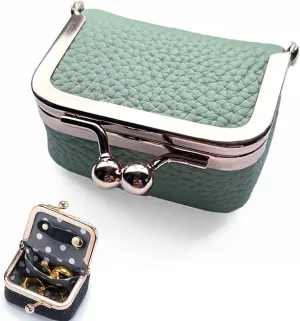 Genuine Leather Mini Jewelry Box, Mini Travel Jewelry Case Organizer for Women, Elegant Jewelry Box for Earrings Necklaces, Rings & Precious Articles, Vintage Coin Purse with Kiss Lock (Green)