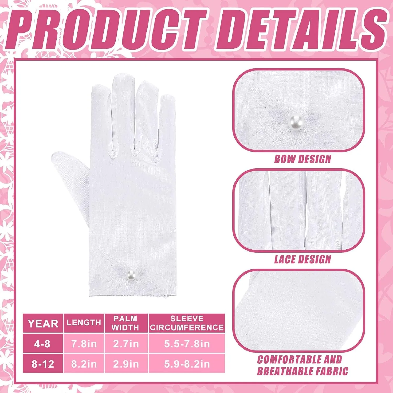 Geyoga 4 Pcs Pearl Necklace Set for Girls Little Girls Tea Party Jewelry White Pearl Earrings Bracelet Sets First Communion Gloves Kit for kids Age 4-12 Years