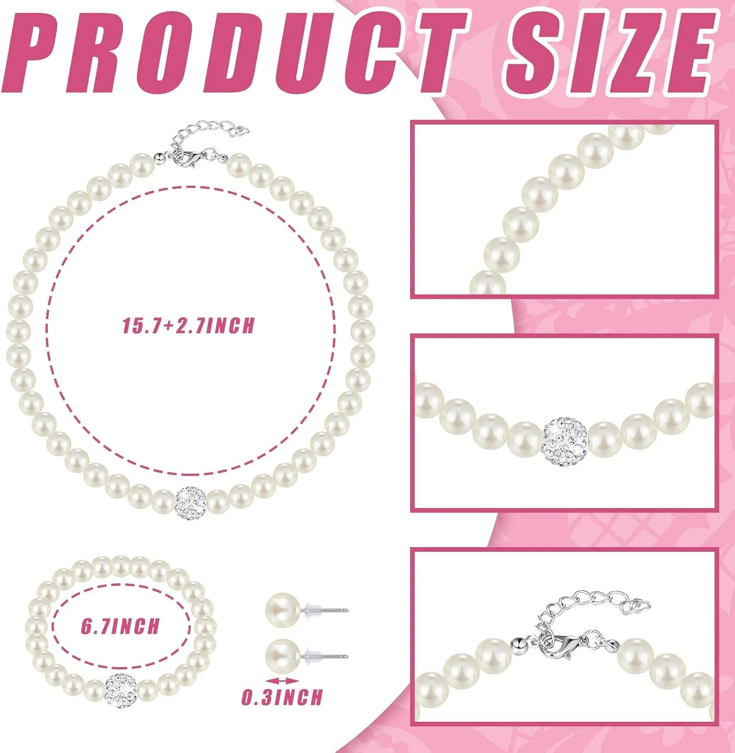 Geyoga 4 Pcs Pearl Necklace Set for Girls Little Girls Tea Party Jewelry White Pearl Earrings Bracelet Sets First Communion Gloves Kit for kids Age 4-12 Years