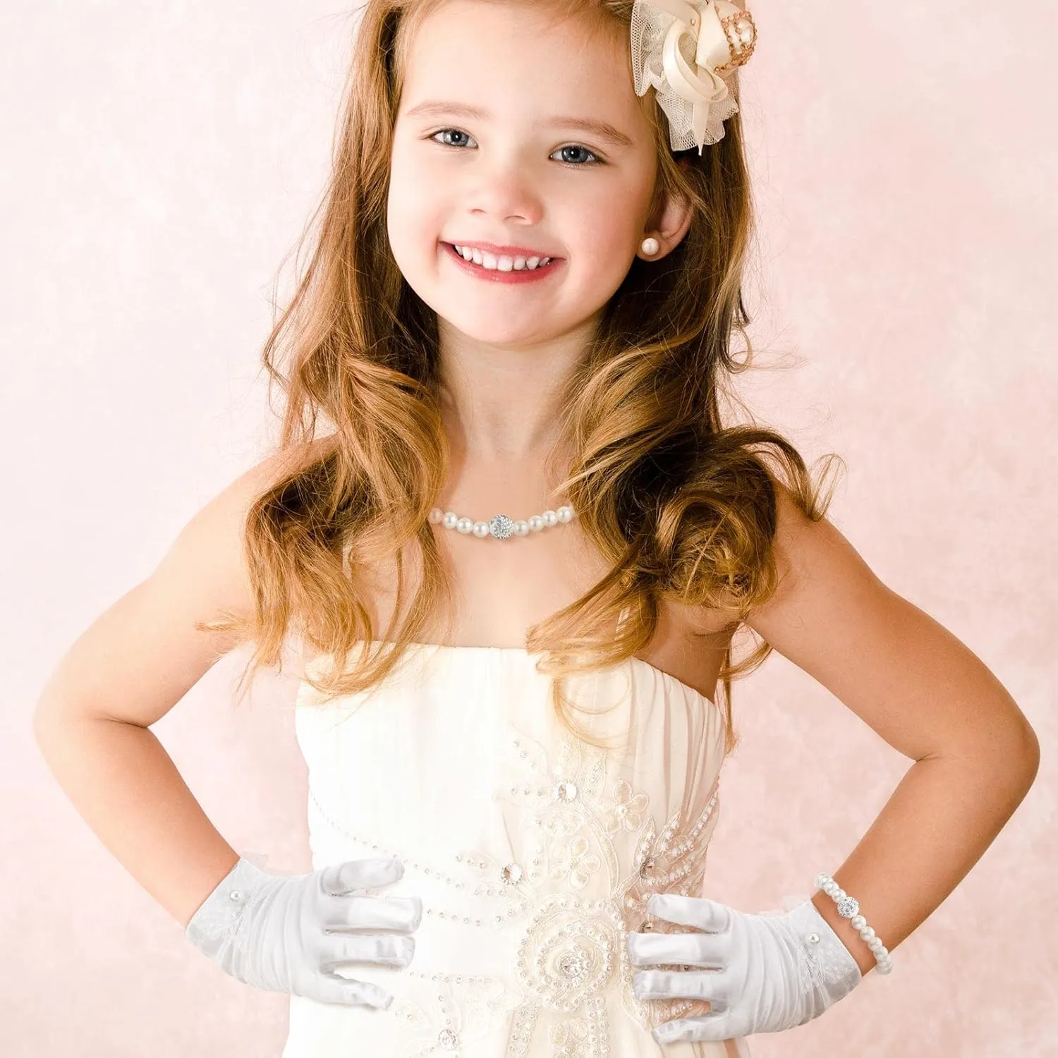 Geyoga 4 Pcs Pearl Necklace Set for Girls Little Girls Tea Party Jewelry White Pearl Earrings Bracelet Sets First Communion Gloves Kit for kids Age 4-12 Years