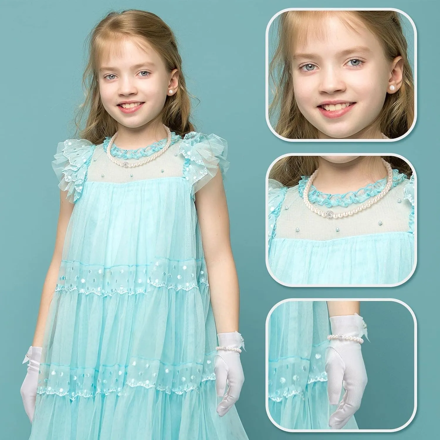 Geyoga 4 Pcs Pearl Necklace Set for Girls Little Girls Tea Party Jewelry White Pearl Earrings Bracelet Sets First Communion Gloves Kit for kids Age 4-12 Years