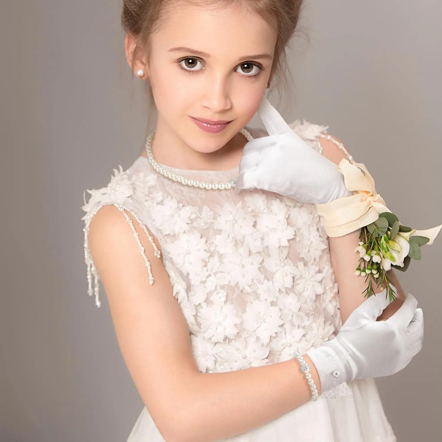 Geyoga 4 Pcs Pearl Necklace Set for Girls Little Girls Tea Party Jewelry White Pearl Earrings Bracelet Sets First Communion Gloves Kit for kids Age 4-12 Years