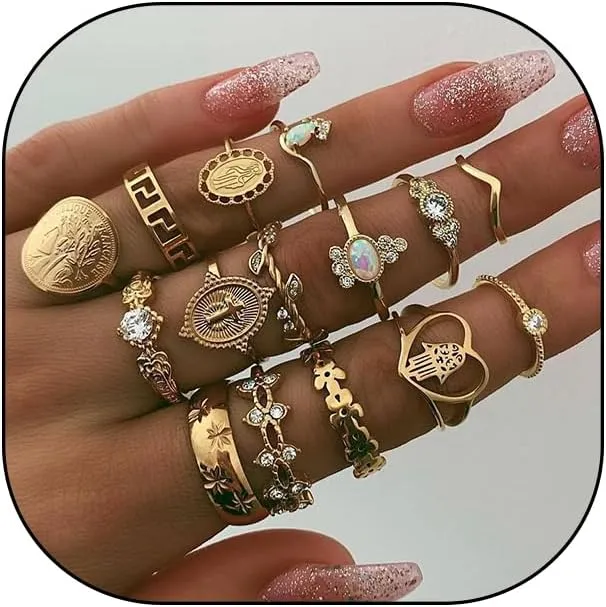 GIGB PBDK Chunky Gold Zircon Knuckle Joint Stacked Ring Set, Boho Midi Vintage Cross Charm Ring, Opal Stone Pattern Portrait Jewelry Gifts