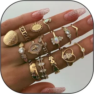 GIGB PBDK Chunky Gold Zircon Knuckle Joint Stacked Ring Set, Boho Midi Vintage Cross Charm Ring, Opal Stone Pattern Portrait Jewelry Gifts