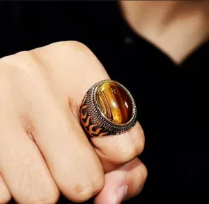 Gixaxak 18K Gold Plated Ring Inlay Oval Cut Natural Brown Tiger Eye Rings Handmade High Polish Retro Jewelry Gift for Men Tiger Eye Stone Ring Retro Large Tiger Eye Stone Mens Ring(Size 10