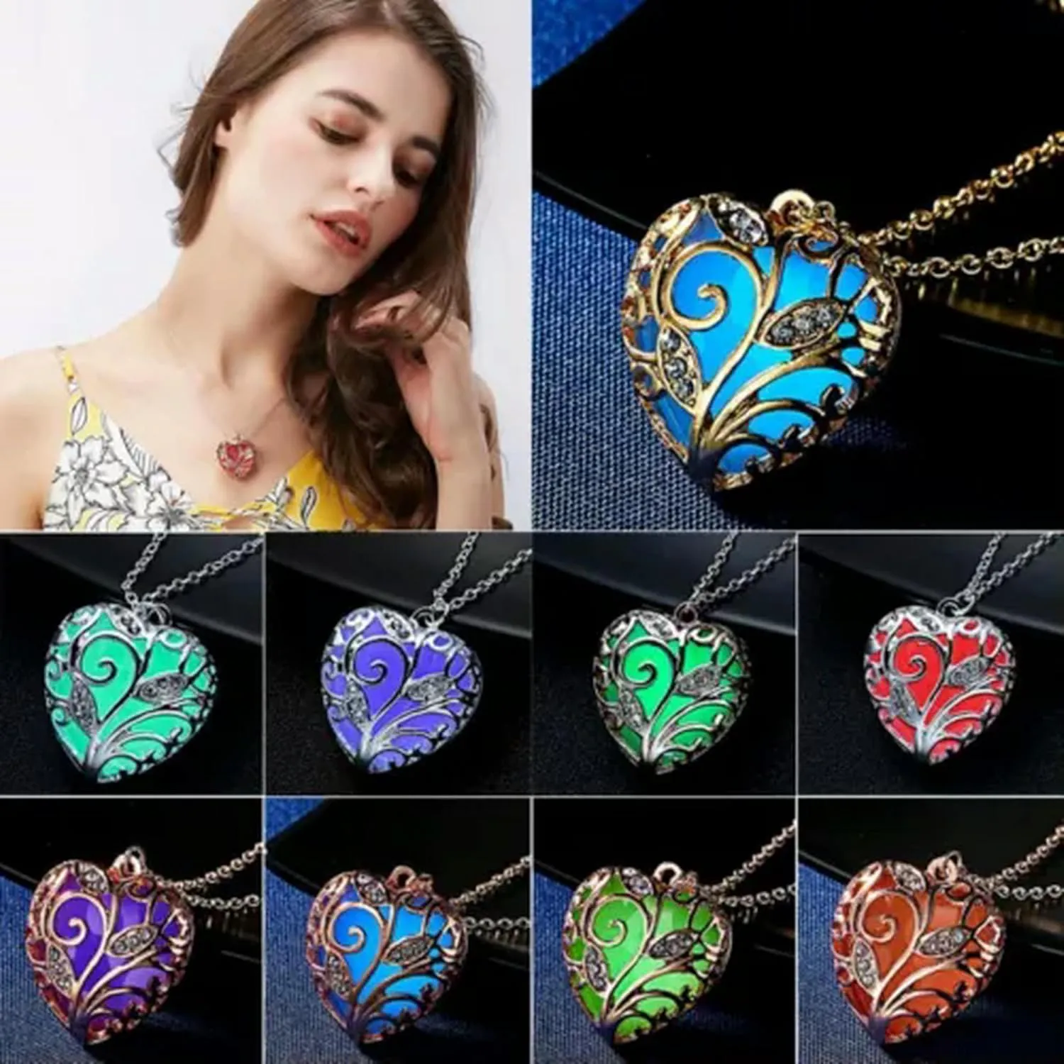 Glow in The Heart 925 Silver Pendant Necklace Women Jewelry-My Heart-Green Light