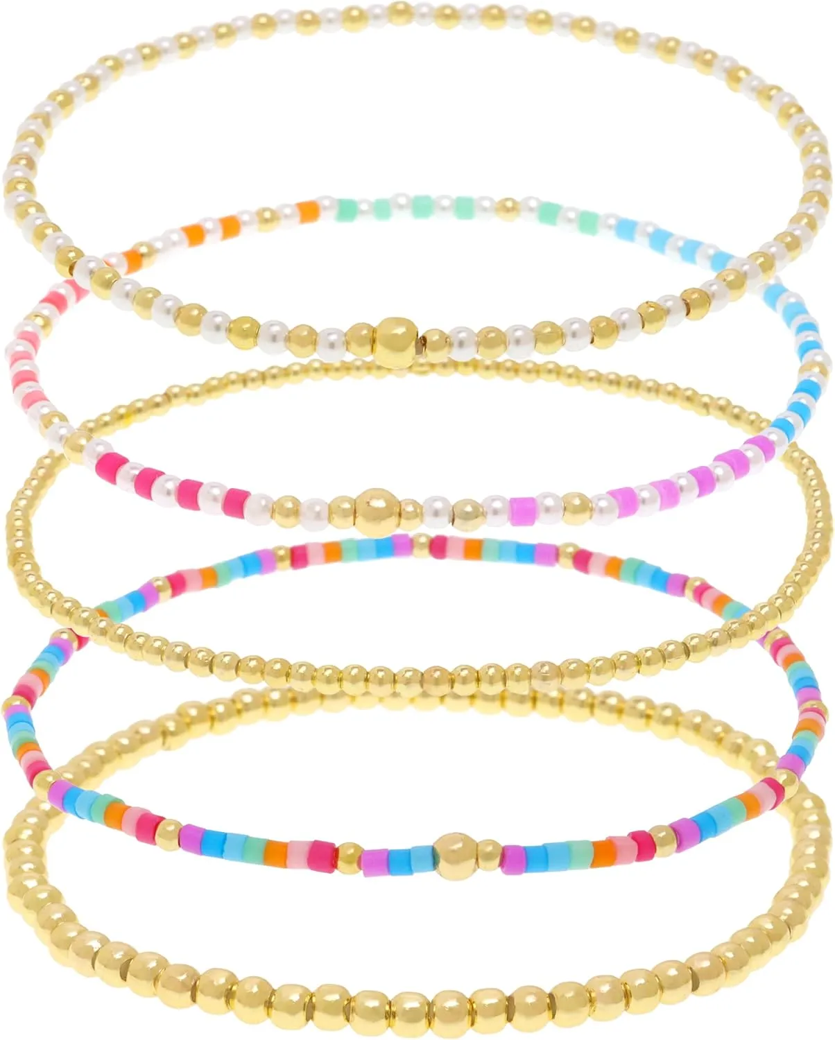 Gold Beaded Stack Bracelets Set for Women, 5Pcs Cute Boho Handmade Colorful Small Beaded Stackable Friendship Stretch Bracelets Prom Jewelry Gift.