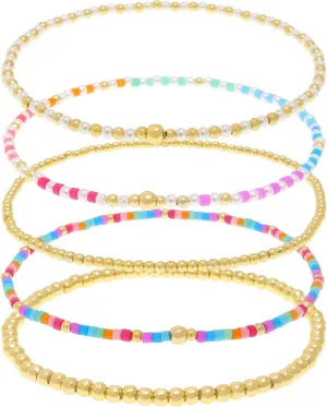 Gold Beaded Stack Bracelets Set for Women, 5Pcs Cute Boho Handmade Colorful Small Beaded Stackable Friendship Stretch Bracelets Prom Jewelry Gift.