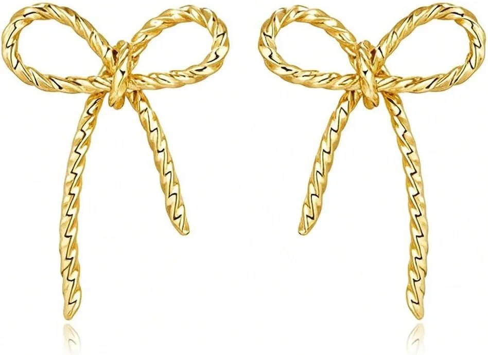 Gold Bow Earrings for Women 14K Gold Plated Studs Earring Hypoallergenic Trendy Bow Jewelry Earrings for Women Gift
