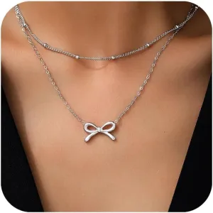 Gold Bow Necklace for Women Layered Cute Bow Pendant Choker Necklace Valentines Day Party Prom Birthday Jewelry