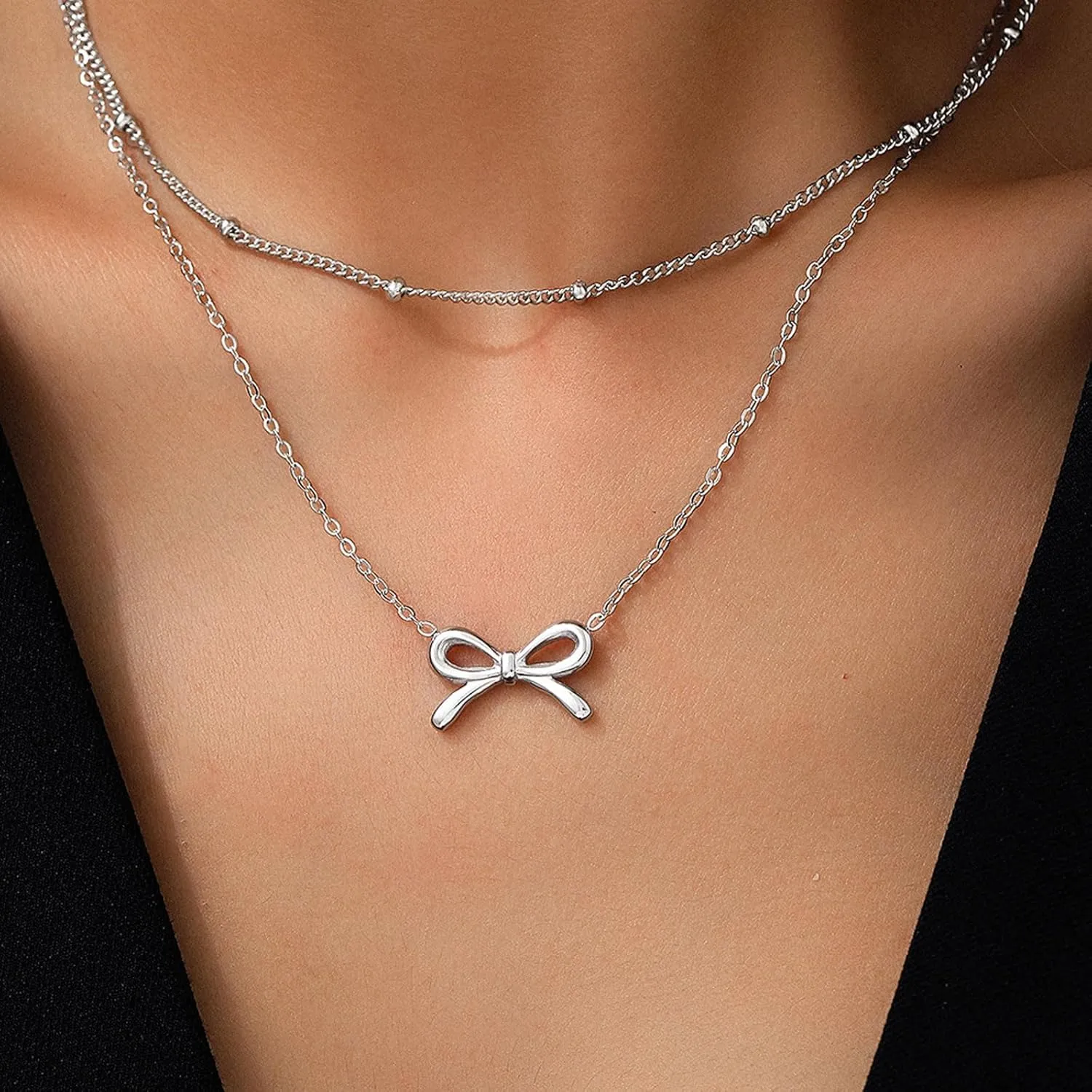 Gold Bow Necklace for Women Layered Cute Bow Pendant Choker Necklace Valentines Day Party Prom Birthday Jewelry