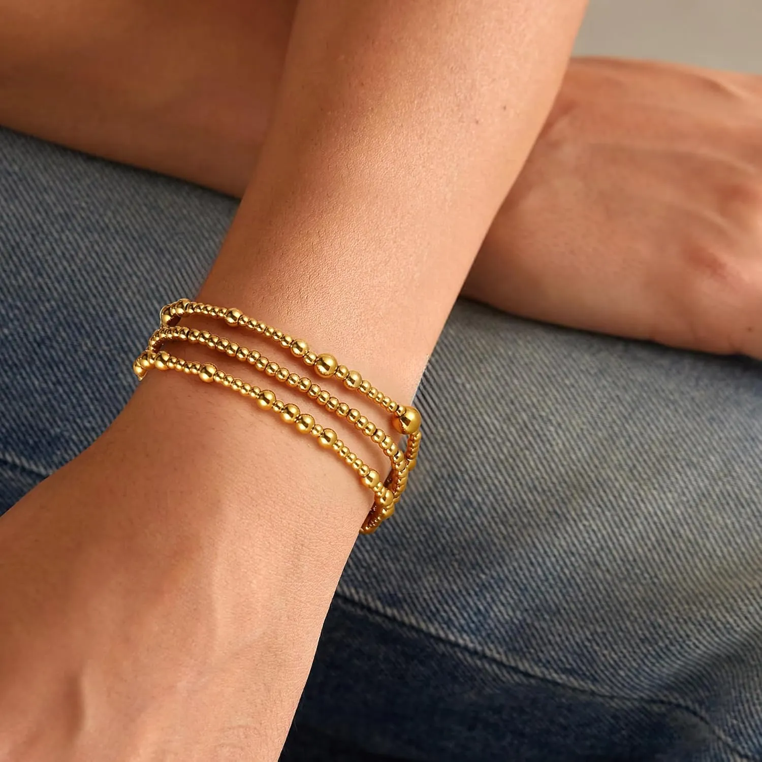 Gold Bracelet For Women Non Tarnish Dainty Stack Beads Bracelets Set 18K Gold Filled Stretch Layered Bracelets Trendy Jewelry Gift