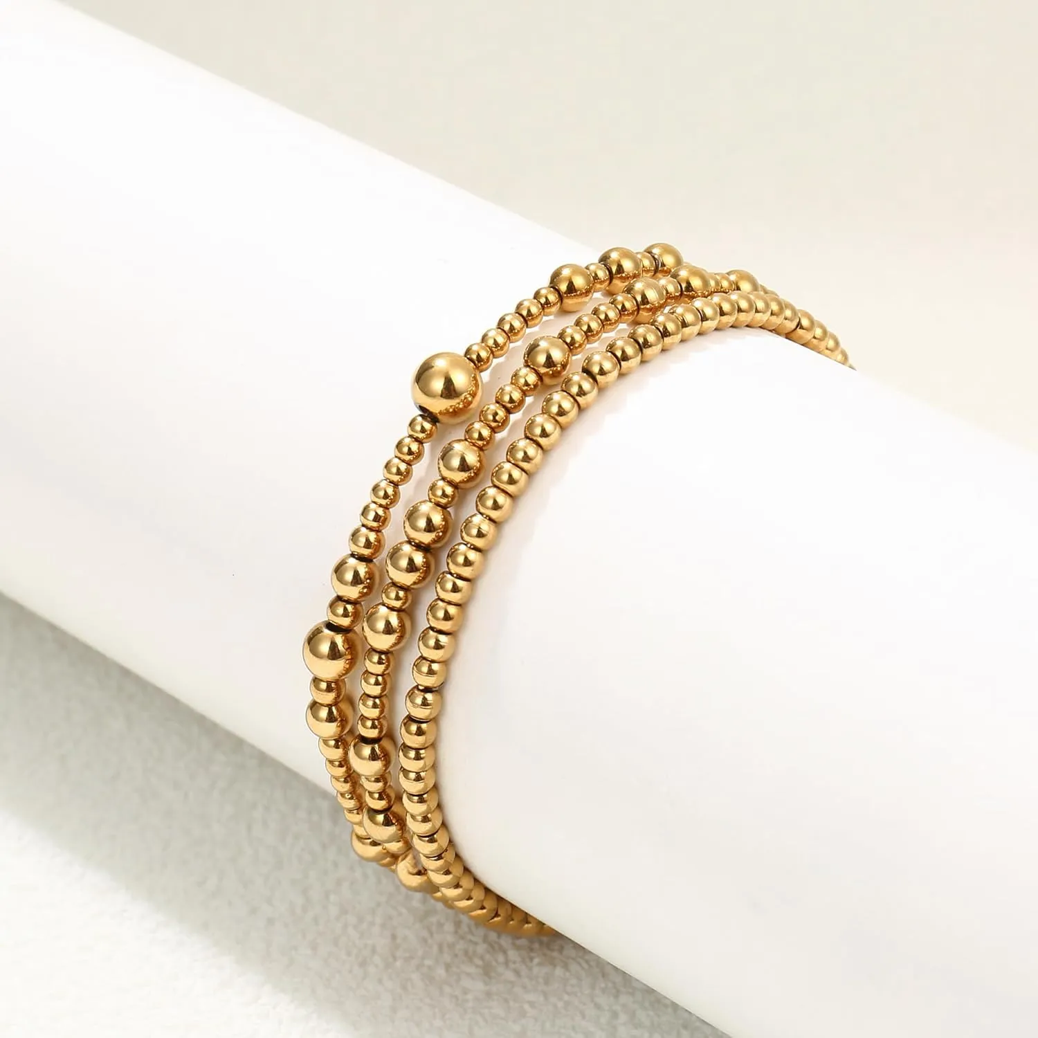 Gold Bracelet For Women Non Tarnish Dainty Stack Beads Bracelets Set 18K Gold Filled Stretch Layered Bracelets Trendy Jewelry Gift