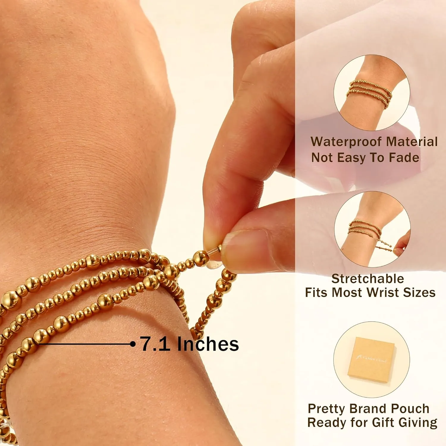 Gold Bracelet For Women Non Tarnish Dainty Stack Beads Bracelets Set 18K Gold Filled Stretch Layered Bracelets Trendy Jewelry Gift