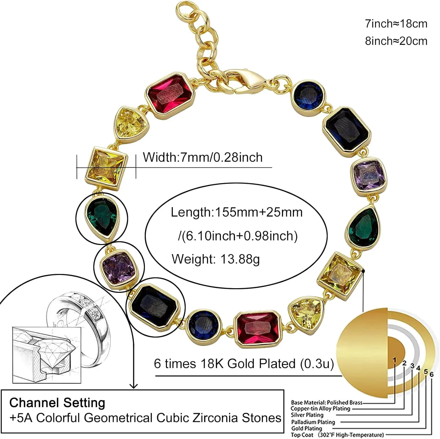 Gold Bracelets for Women Cubic Zirconia Classic Tennis Bracelet 14K Gold Plated Mens Rainbow Diamond Birthstone Bracelet