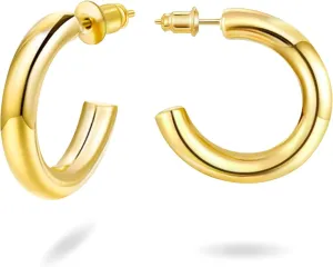 Gold Chunky Hoop Earrings for Women and Girls, 14K Yellow Gold Plated Lightweight Huggie Earrings with Sterling Silver Ear Pin