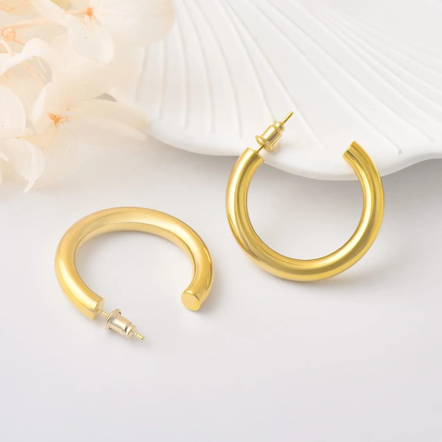 Gold Chunky Hoop Earrings for Women and Girls, 14K Yellow Gold Plated Lightweight Huggie Earrings with Sterling Silver Ear Pin