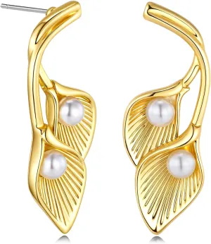Gold Dangle Textured Calla Lily Leaf Pearl Statement Earrings for Women by SNGIA, Handmade Trendy Summer Drop Leaf Flower Jewelry Gifts, Thin Beachy Vintage Plant Fashion Drop Accessories, Vintage Nickle Free Floral Dangling Earrings.