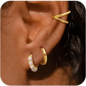 Gold Earrings for Women Dainty Pearl Hoop Earrings 14k Gold Plated Stud Earrings Hypoallergenic Drop Dangle Earrings Set for Multiple Piercing Jewelry for Women