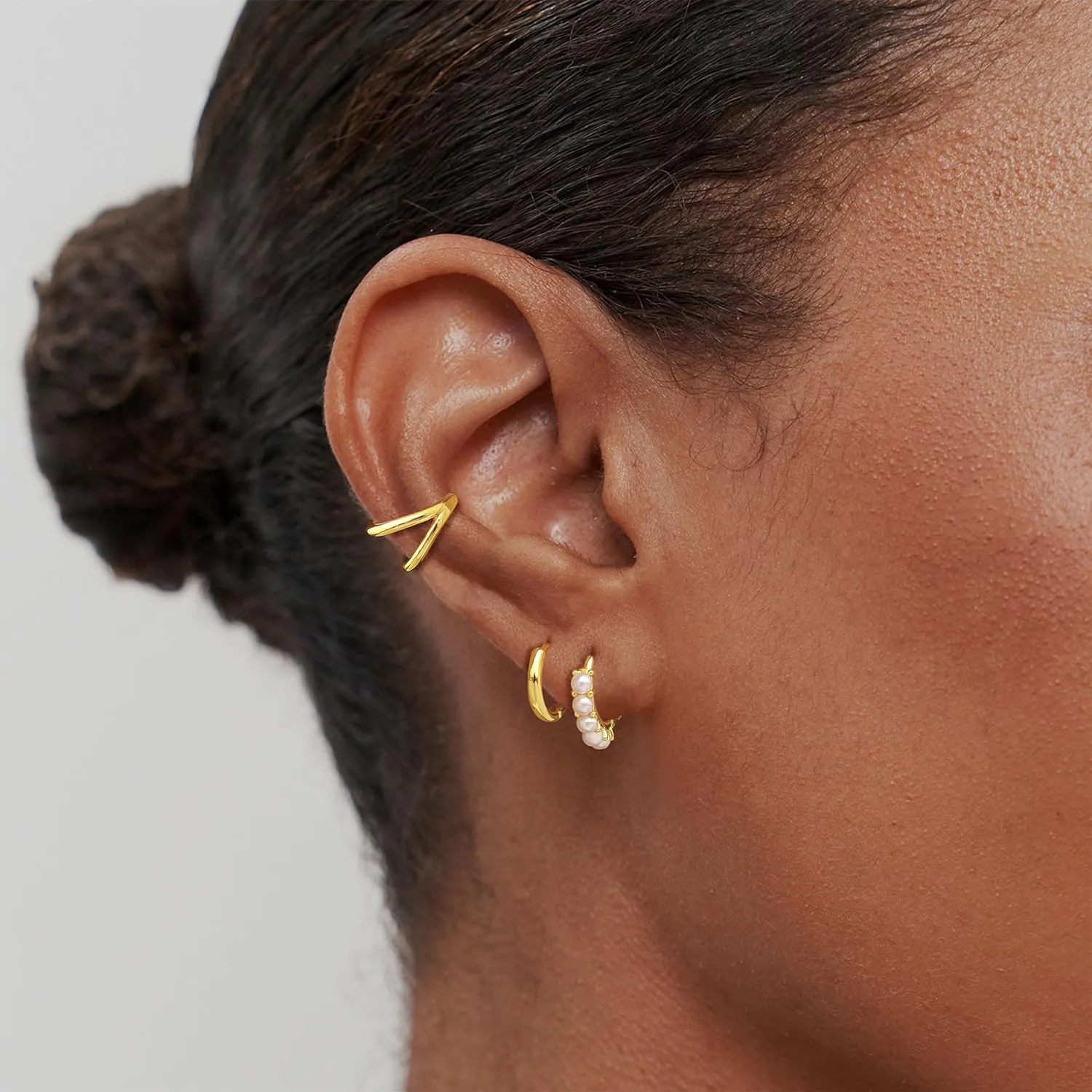 Gold Earrings for Women Dainty Pearl Hoop Earrings 14k Gold Plated Stud Earrings Hypoallergenic Drop Dangle Earrings Set for Multiple Piercing Jewelry for Women