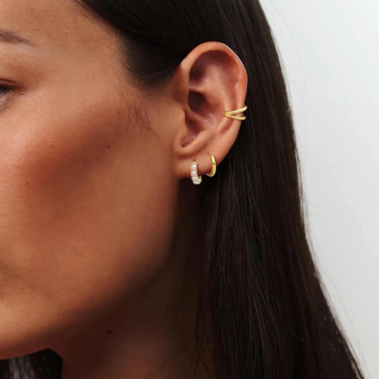 Gold Earrings for Women Dainty Pearl Hoop Earrings 14k Gold Plated Stud Earrings Hypoallergenic Drop Dangle Earrings Set for Multiple Piercing Jewelry for Women