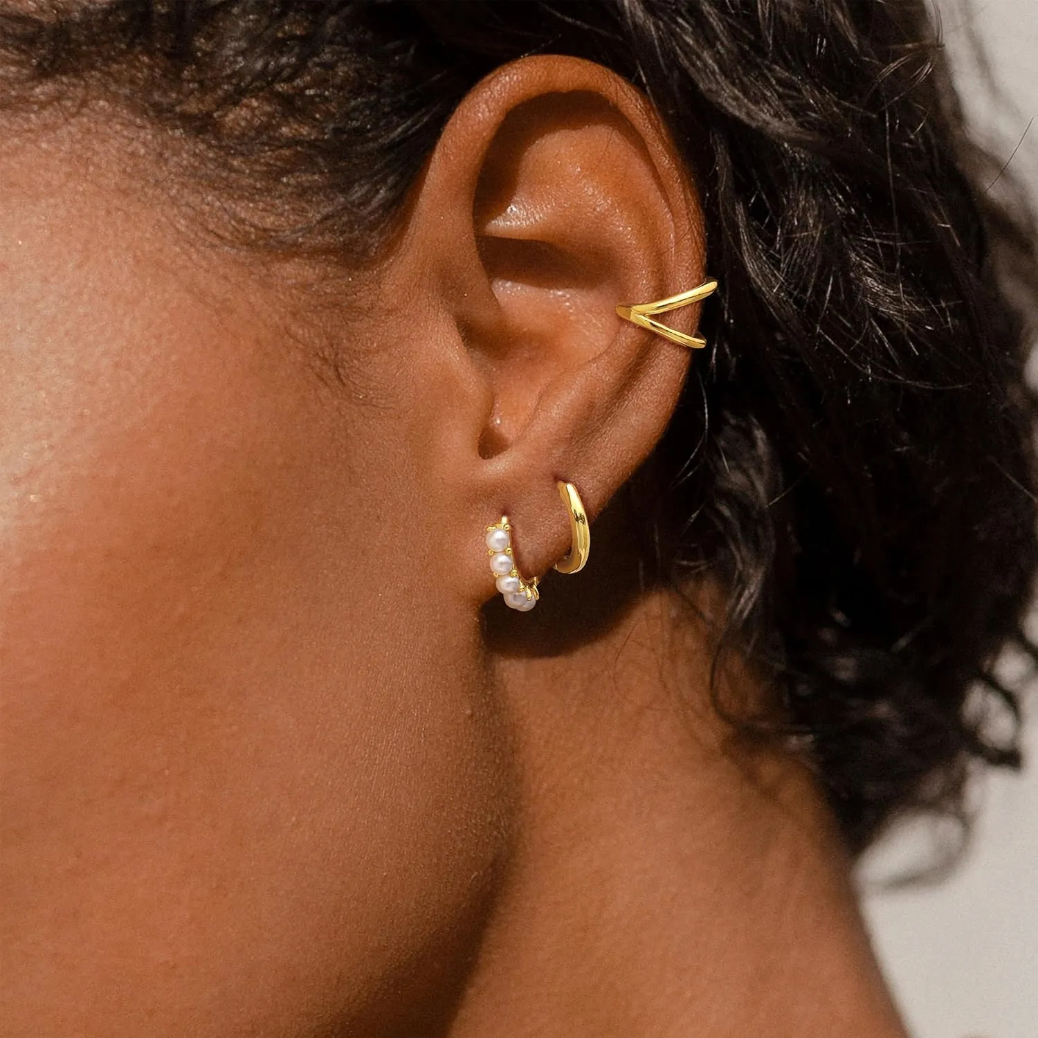 Gold Earrings for Women Dainty Pearl Hoop Earrings 14k Gold Plated Stud Earrings Hypoallergenic Drop Dangle Earrings Set for Multiple Piercing Jewelry for Women