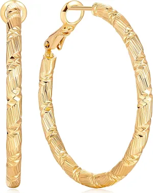 Gold Hoop Earrings for Women, 14K Gold Earring Thick Hoops Earrings for Women Gorgeous and Solid Line Cutting Design 30mm
