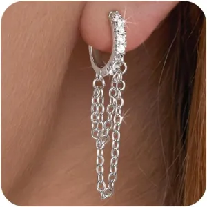 Gold Hoop Earrings for Women Tassel Chain Huggie Earrings and Sterling Silver Drop Dangle Hypoallergenic Earrings Cubic Zirconia Small Hoop Earrings Jewelry for Women Gifts