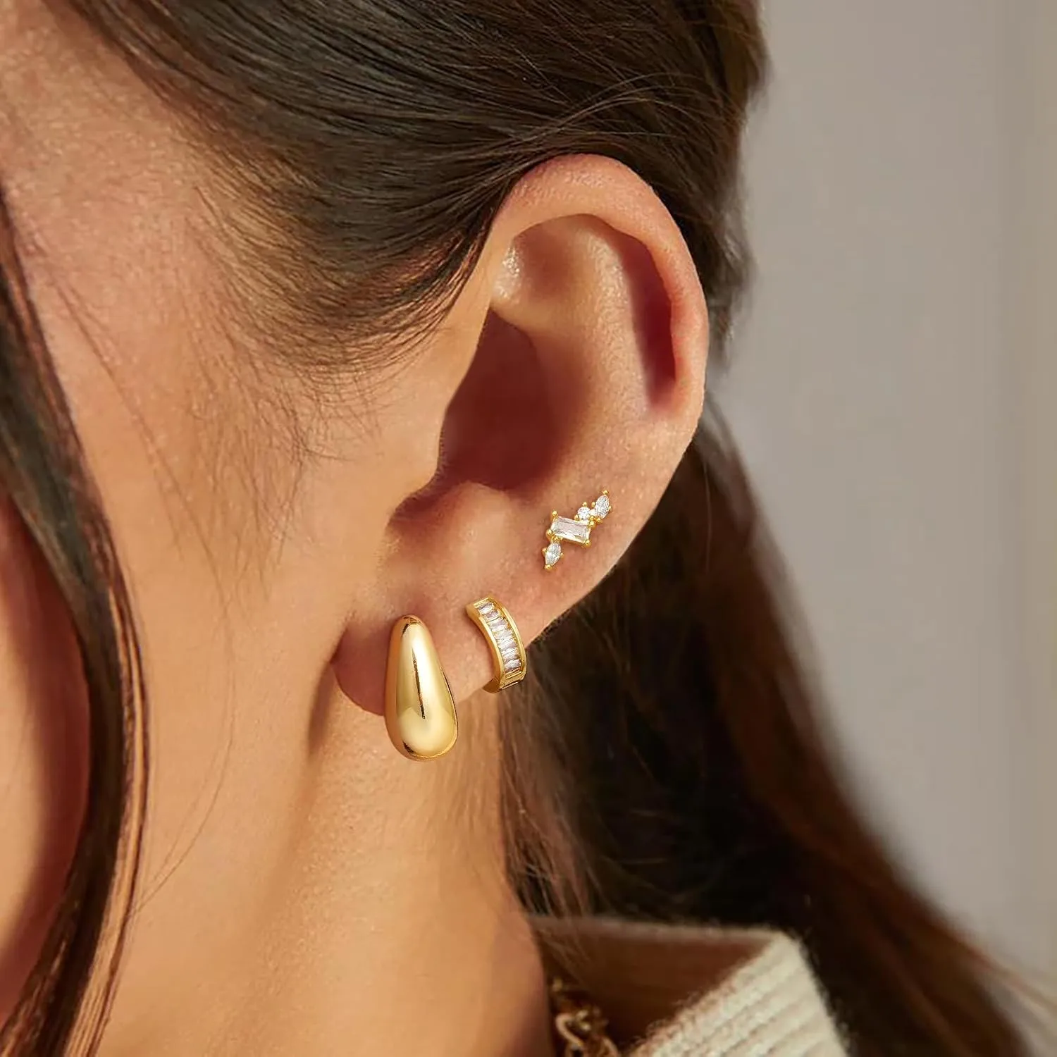Gold Hoop Earrings Set for Women Trendy, 3 Pairs 14K Gold Small Hoop Huggie Earrings for Women Stud Earrings for Women Hypoallergenic Jewelry Gifts for Women