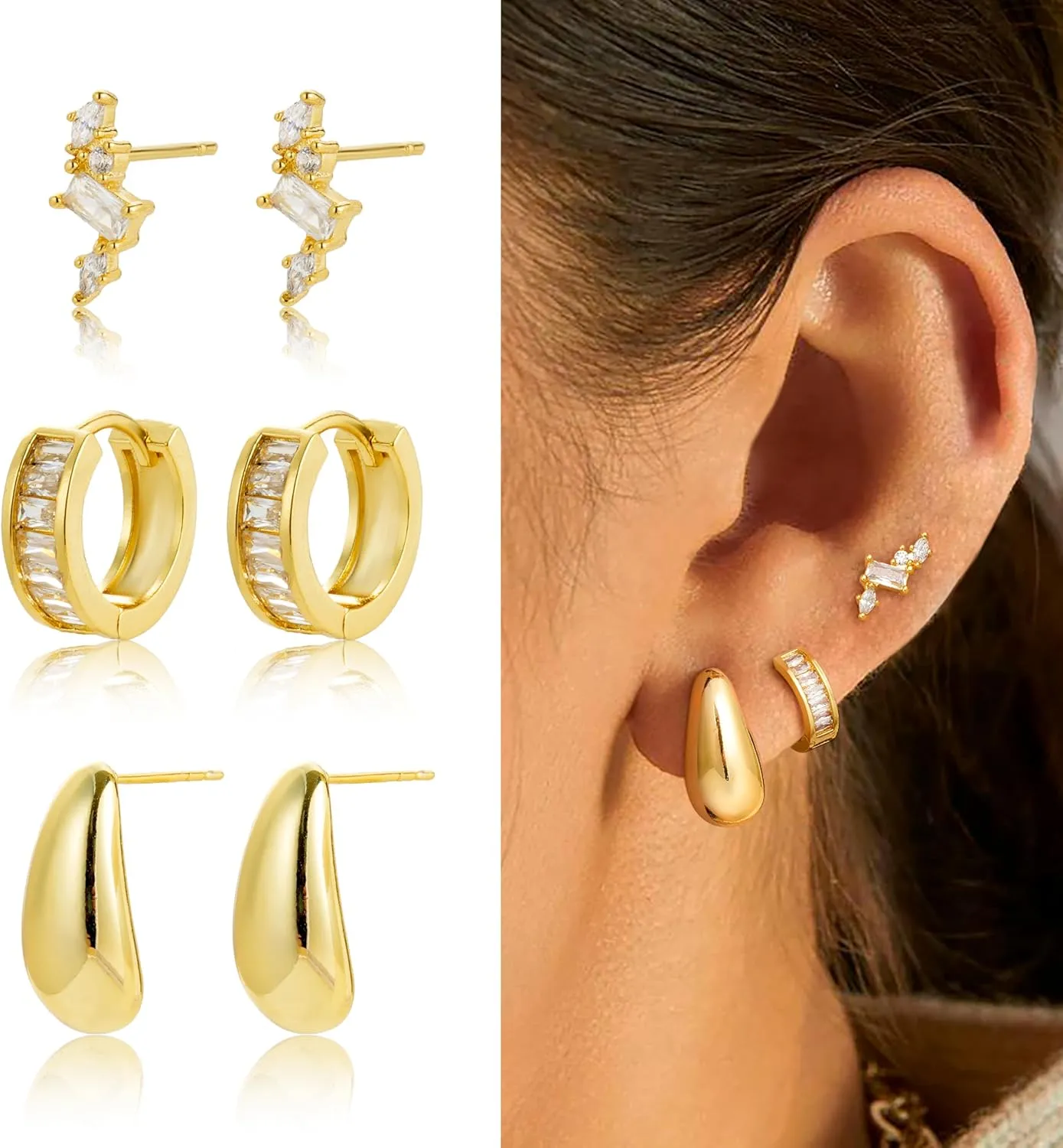 Gold Hoop Earrings Set for Women Trendy, 3 Pairs 14K Gold Small Hoop Huggie Earrings for Women Stud Earrings for Women Hypoallergenic Jewelry Gifts for Women