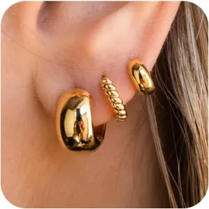 Gold Hoop Earrings Set for Women Trendy, 3 Pairs 14K Gold Small Hoop Huggie Earrings for Women Stud Earrings for Women Hypoallergenic Jewelry Gifts for Women
