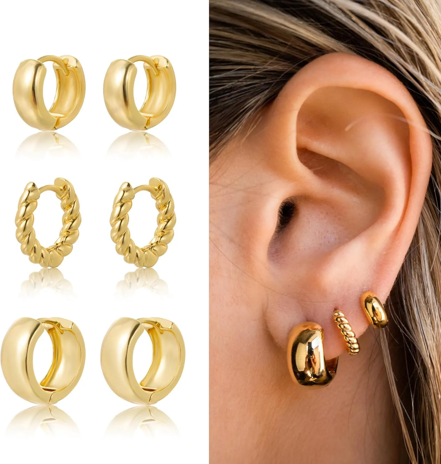Gold Hoop Earrings Set for Women Trendy, 3 Pairs 14K Gold Small Hoop Huggie Earrings for Women Stud Earrings for Women Hypoallergenic Jewelry Gifts for Women