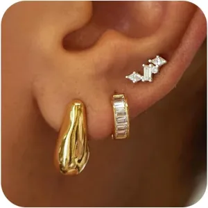 Gold Hoop Earrings Set for Women Trendy, 3 Pairs 14K Gold Small Hoop Huggie Earrings for Women Stud Earrings for Women Hypoallergenic Jewelry Gifts for Women