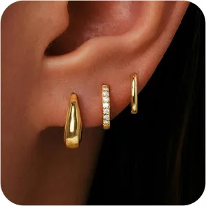 Gold Huggie Hoop Earrings Set for Women, Dainty Small Sterling Silver Earring for Multiple Piercing Hypoallergenic Jewelry, Trendy Twisted CZ Cartilage Earings for Women's Mother Gifts 3Pairs