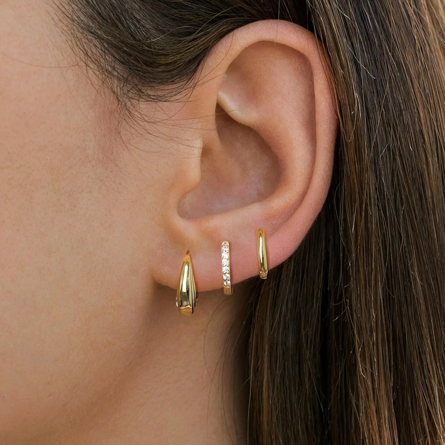 Gold Huggie Hoop Earrings Set for Women, Dainty Small Sterling Silver Earring for Multiple Piercing Hypoallergenic Jewelry, Trendy Twisted CZ Cartilage Earings for Women's Mother Gifts 3Pairs