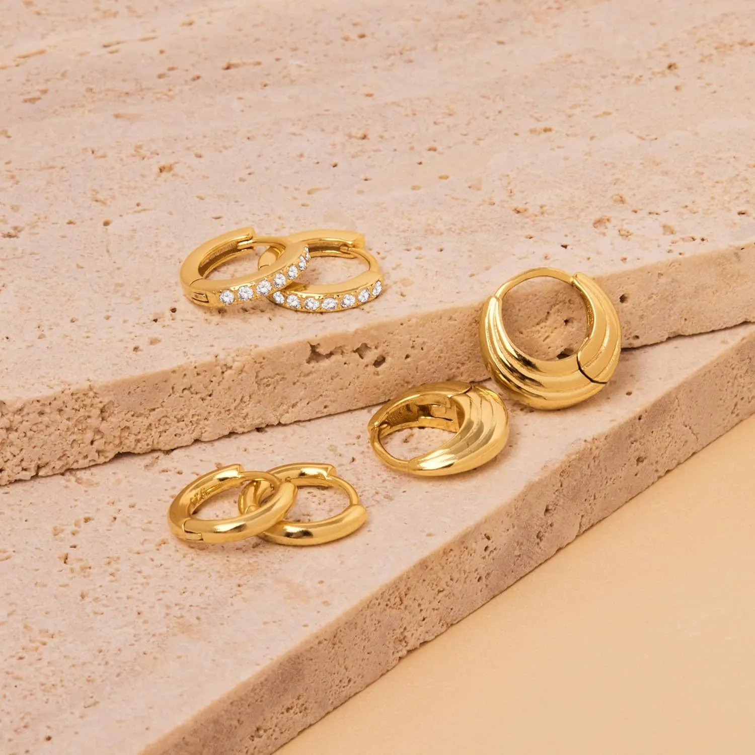Gold Huggie Hoop Earrings Set for Women, Dainty Small Sterling Silver Earring for Multiple Piercing Hypoallergenic Jewelry, Trendy Twisted CZ Cartilage Earings for Women's Mother Gifts 3Pairs