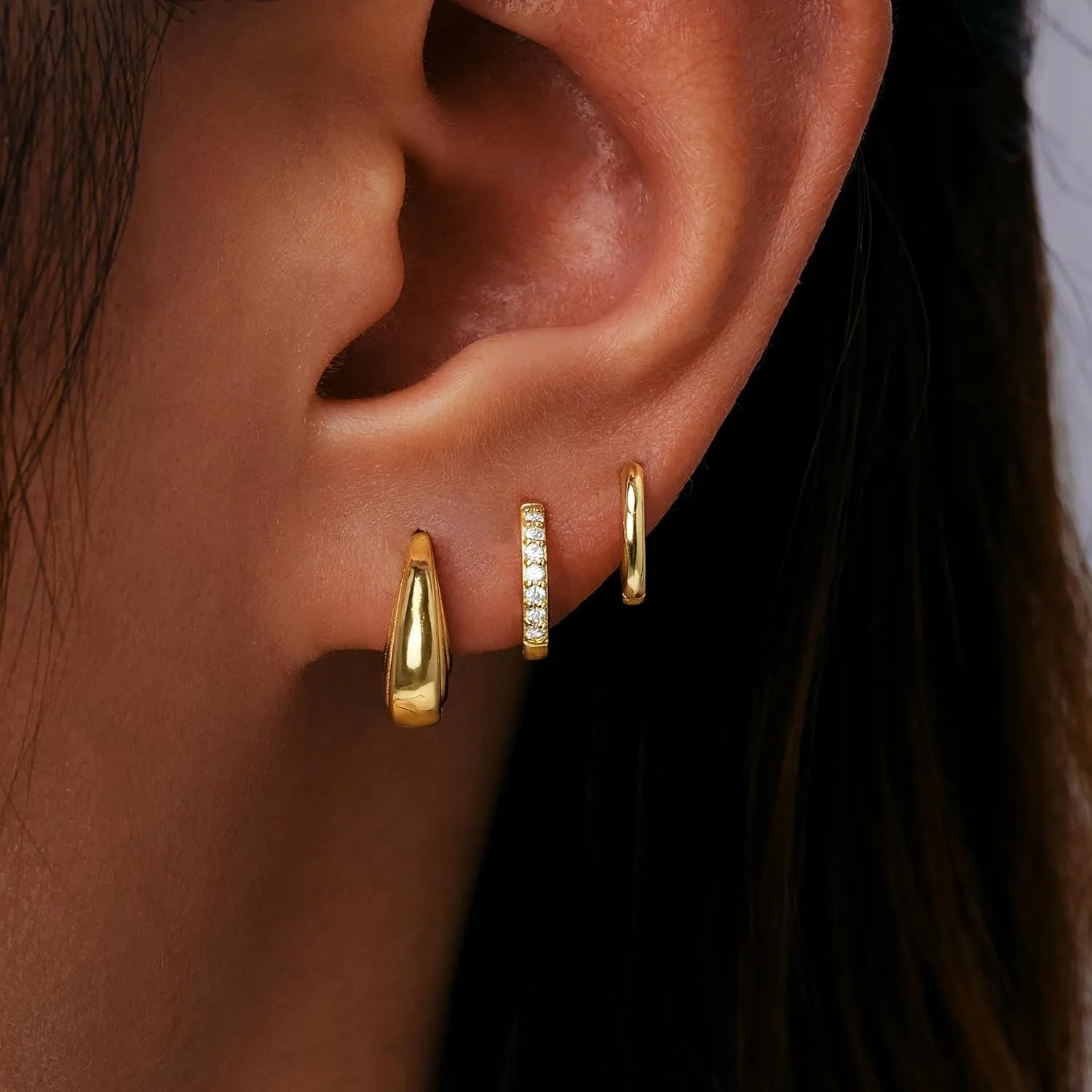 Gold Huggie Hoop Earrings Set for Women, Dainty Small Sterling Silver Earring for Multiple Piercing Hypoallergenic Jewelry, Trendy Twisted CZ Cartilage Earings for Women's Mother Gifts 3Pairs
