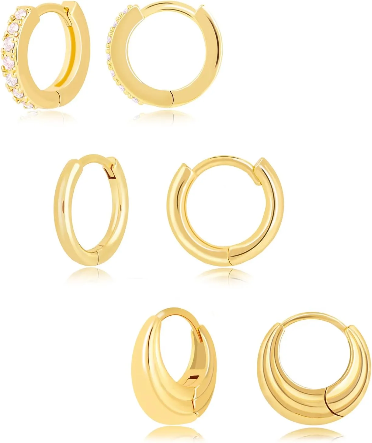 Gold Huggie Hoop Earrings Set for Women, Dainty Small Sterling Silver Earring for Multiple Piercing Hypoallergenic Jewelry, Trendy Twisted CZ Cartilage Earings for Women's Mother Gifts 3Pairs