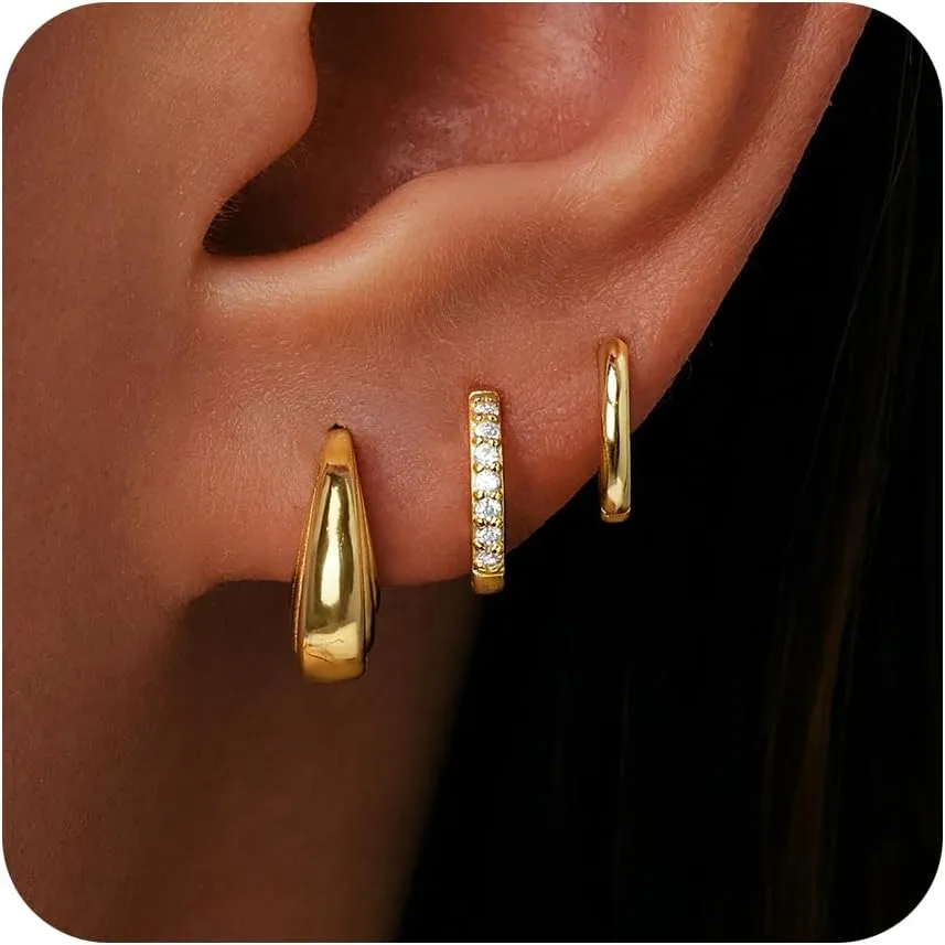 Gold Huggie Hoop Earrings Set for Women, Dainty Small Sterling Silver Earring for Multiple Piercing Hypoallergenic Jewelry, Trendy Twisted CZ Cartilage Earings for Women's Mother Gifts 3Pairs