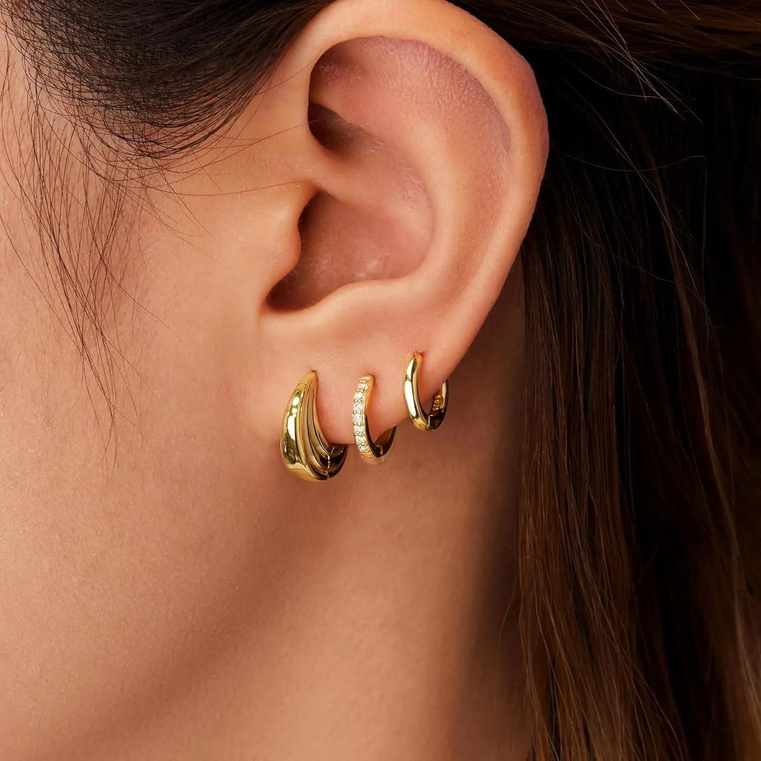 Gold Huggie Hoop Earrings Set for Women, Dainty Small Sterling Silver Earring for Multiple Piercing Hypoallergenic Jewelry, Trendy Twisted CZ Cartilage Earings for Women's Mother Gifts 3Pairs