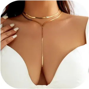 Gold Layered Choker Necklace for Women,Trendy Long Layered Y Shaped Necklace Trendy Triangle Pendant Long Thick Snake Bone Chain Statement Necklace Delicate Jewelry
