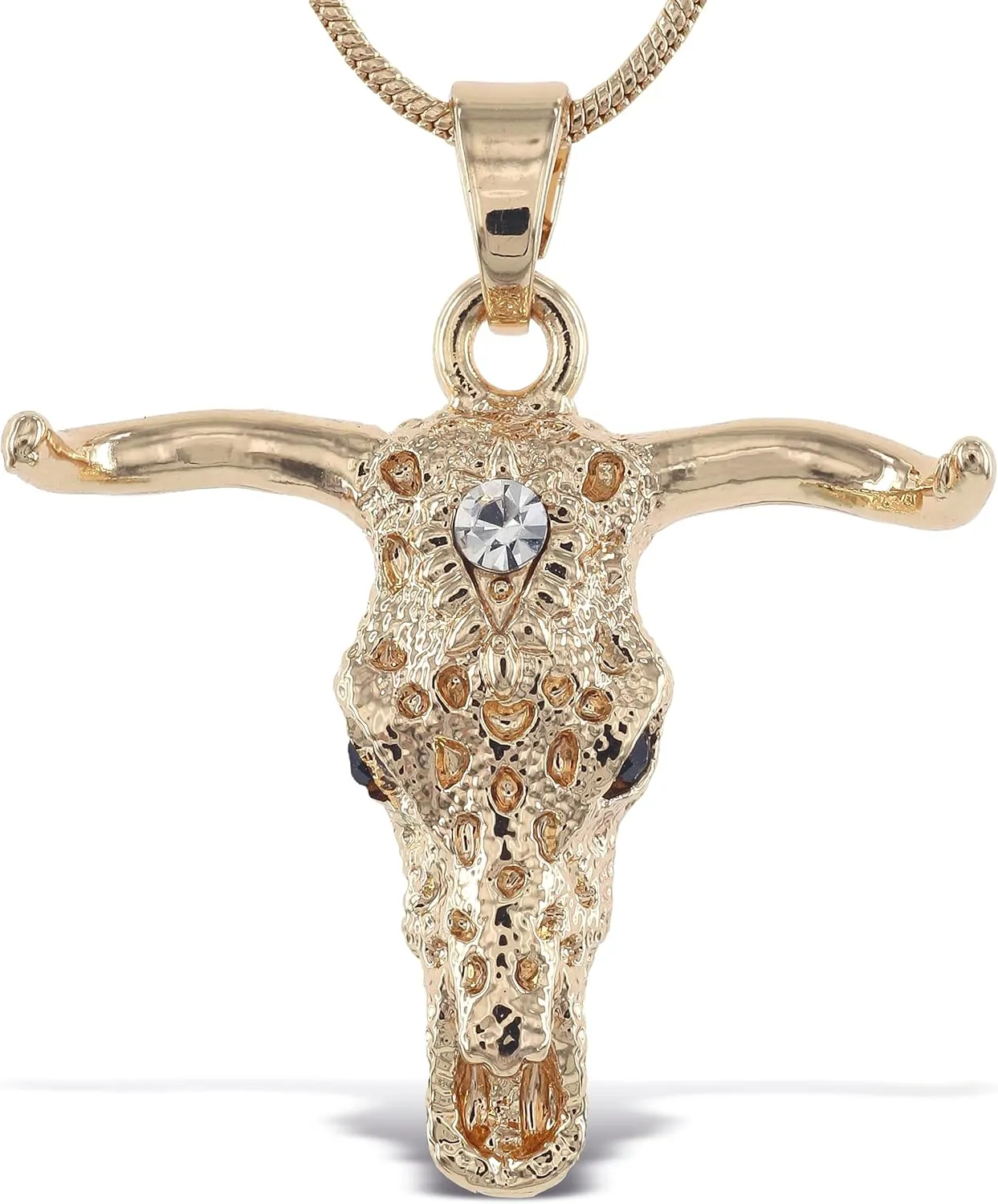 Gold Longhorn Sparkling Crystal Pendant Necklace - Cute Necklace with Longhorn Skull Head Sparkly Jewelry, Elegant Gold Charm Necklace - 18 Inches