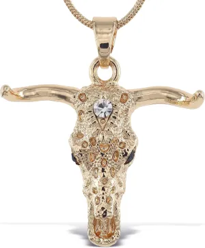 Gold Longhorn Sparkling Crystal Pendant Necklace - Cute Necklace with Longhorn Skull Head Sparkly Jewelry, Elegant Gold Charm Necklace - 18 Inches