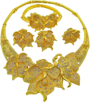 Gold Necklace Jewelry Set Dubai Gold Bracelet Earrings Ring Accessories Bridal Jewelry Set for Women Wedding